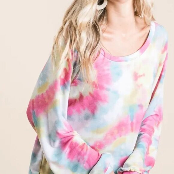 BiBi Tie Dye Print Terry Top With Puff Sleeves‎ - Picture 4 of 7